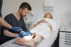 Phlebologist administering sclerotherapy injections into a woman's leg veins to treat varicose veins, focusing on improving vein appearance and reducing discomfort